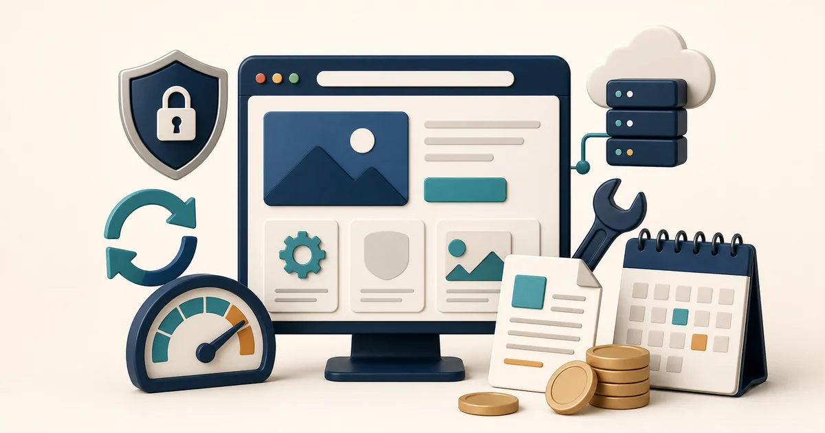 Website maintenance tools surrounding a business website, including security, updates, hosting, performance, and a monthly calendar