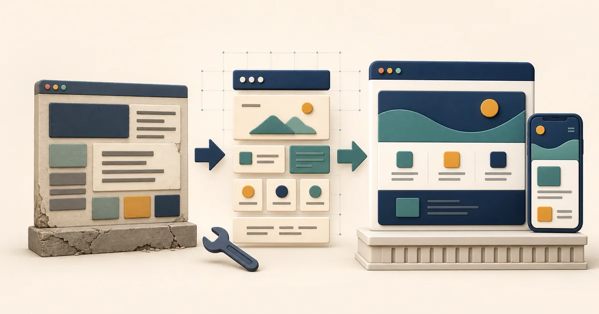 An outdated business website being rebuilt into a clean modern website with organized page sections