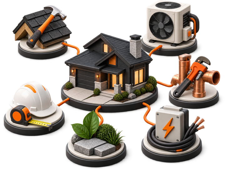Roofing, HVAC, plumbing, electrical, landscaping, and building trades connected around a home