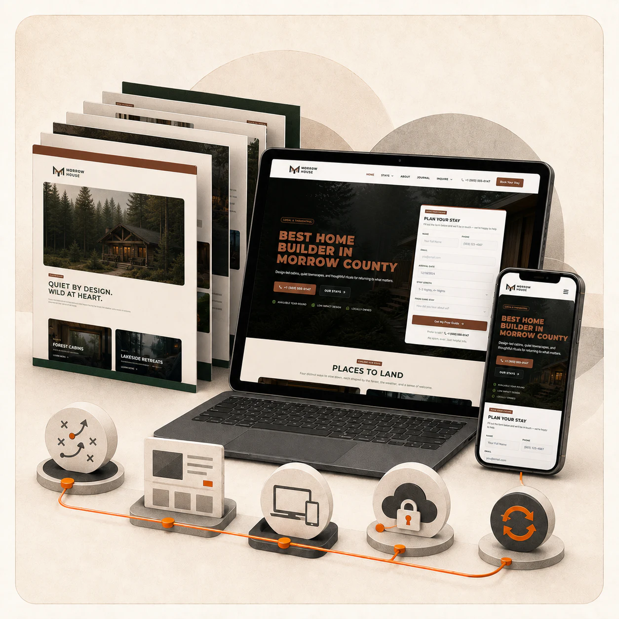 Morrow House website shown across desktop and mobile with page planning, secure hosting, and ongoing updates