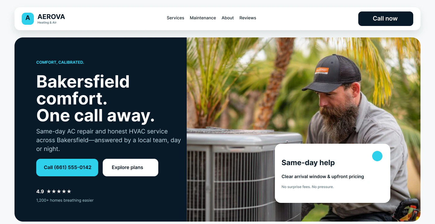 Aerova Heating and Air homepage hero designed by PurePixel Creative