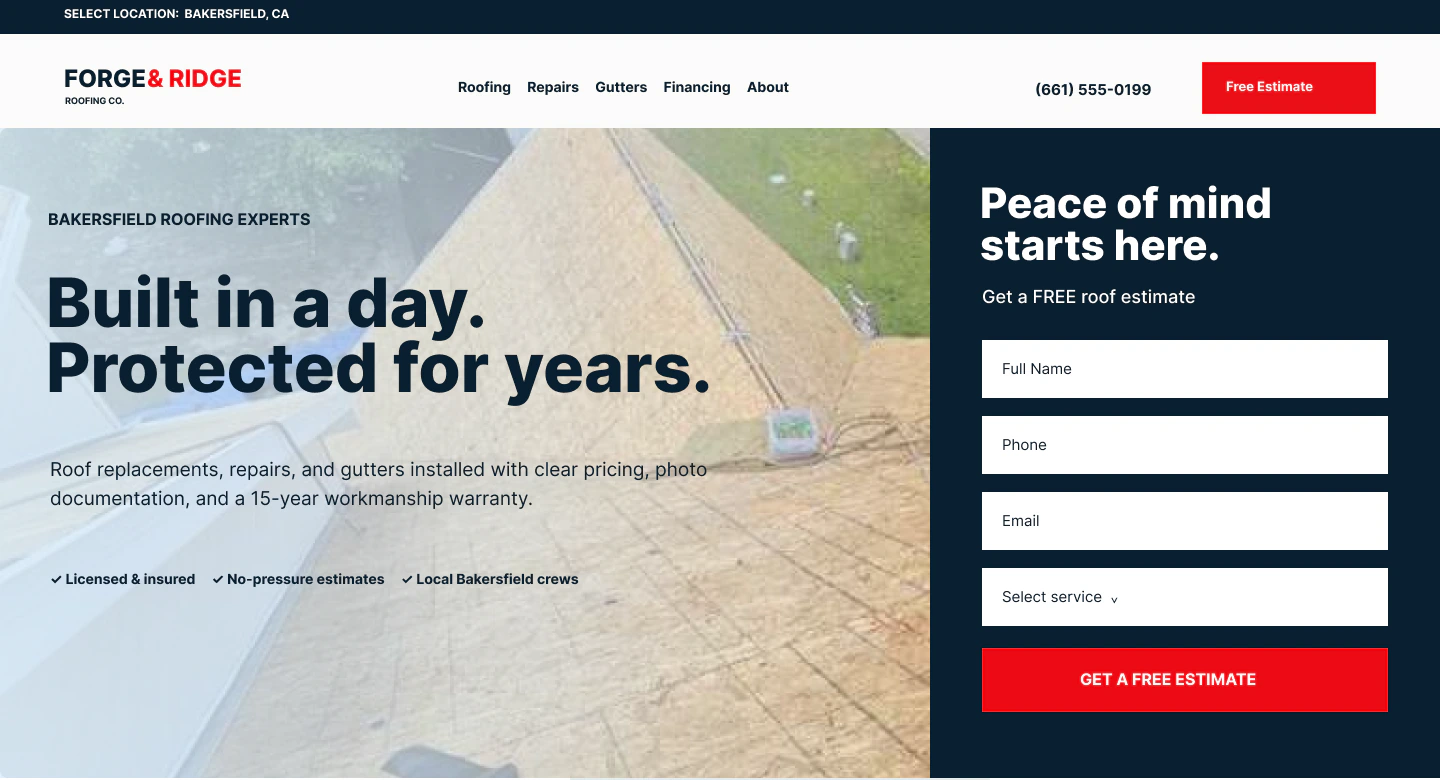 Forge and Ridge Roofing homepage hero designed by PurePixel Creative