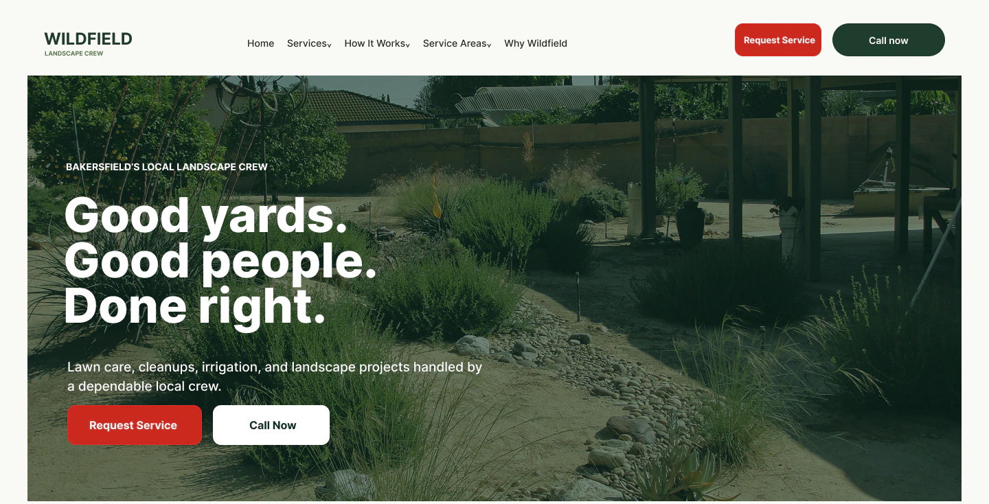 Wildfield Landscape Crew homepage hero designed by PurePixel Creative