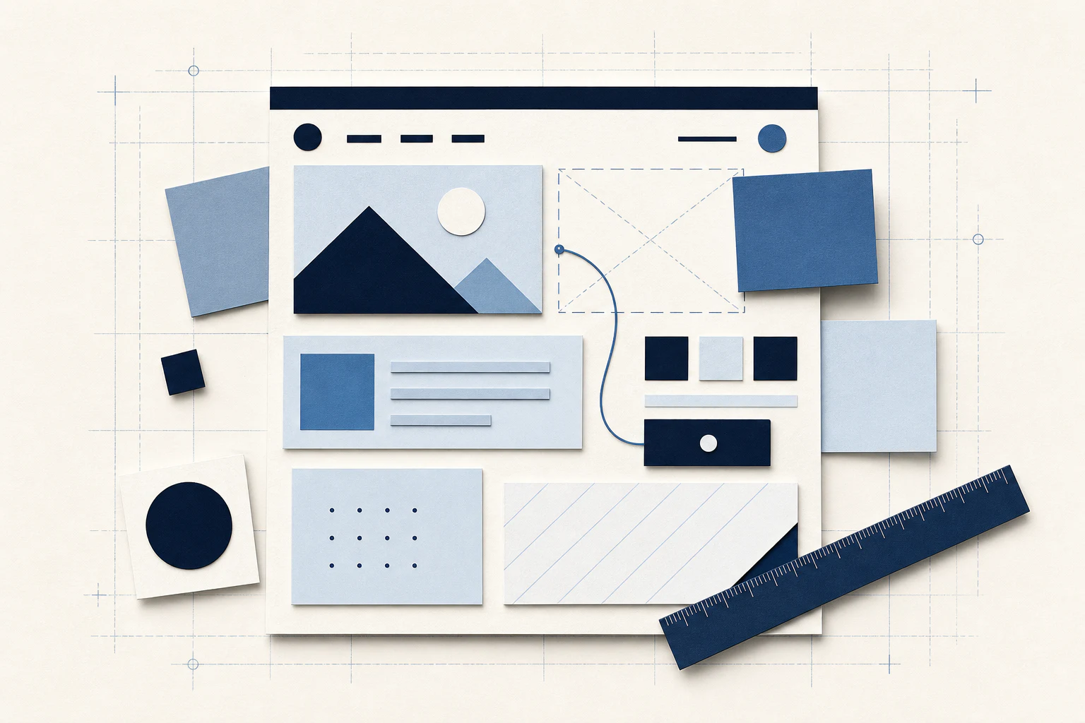 Layered paper website layout and design grid representing custom web design