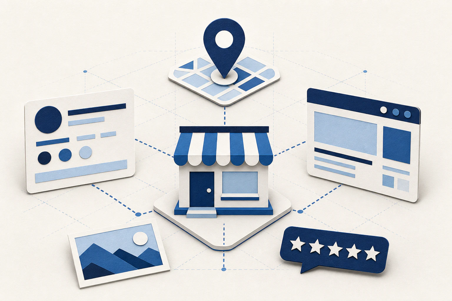 Local storefront connected with a map location, business information, reviews, and website