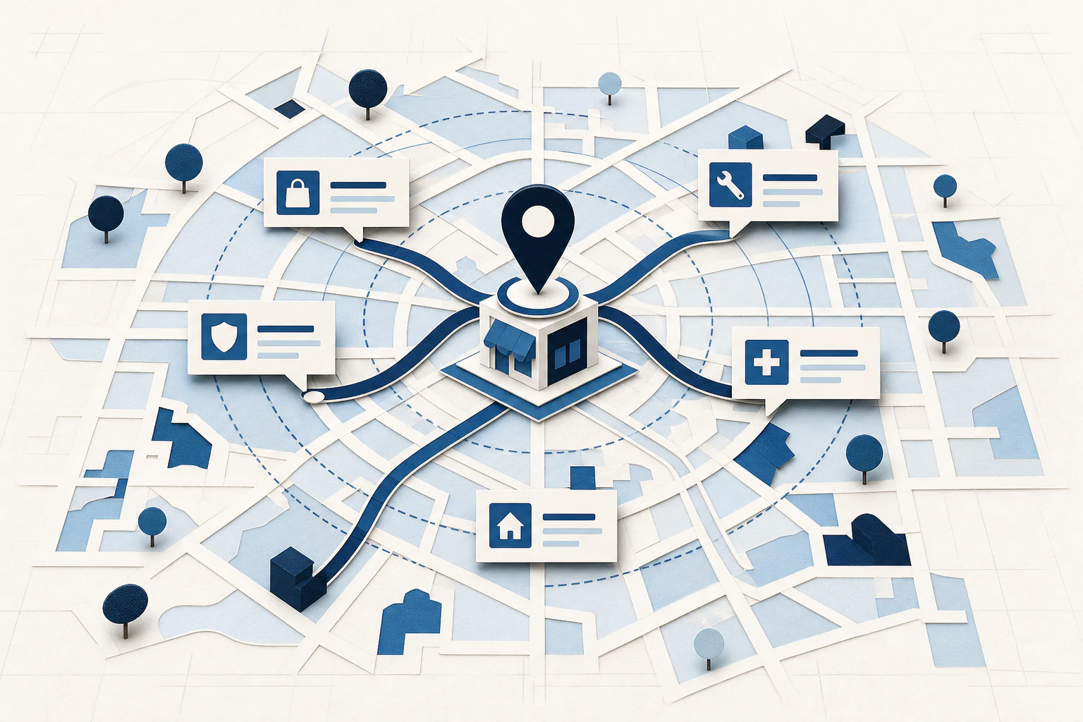 Layered local map connecting a business location with relevant service pages