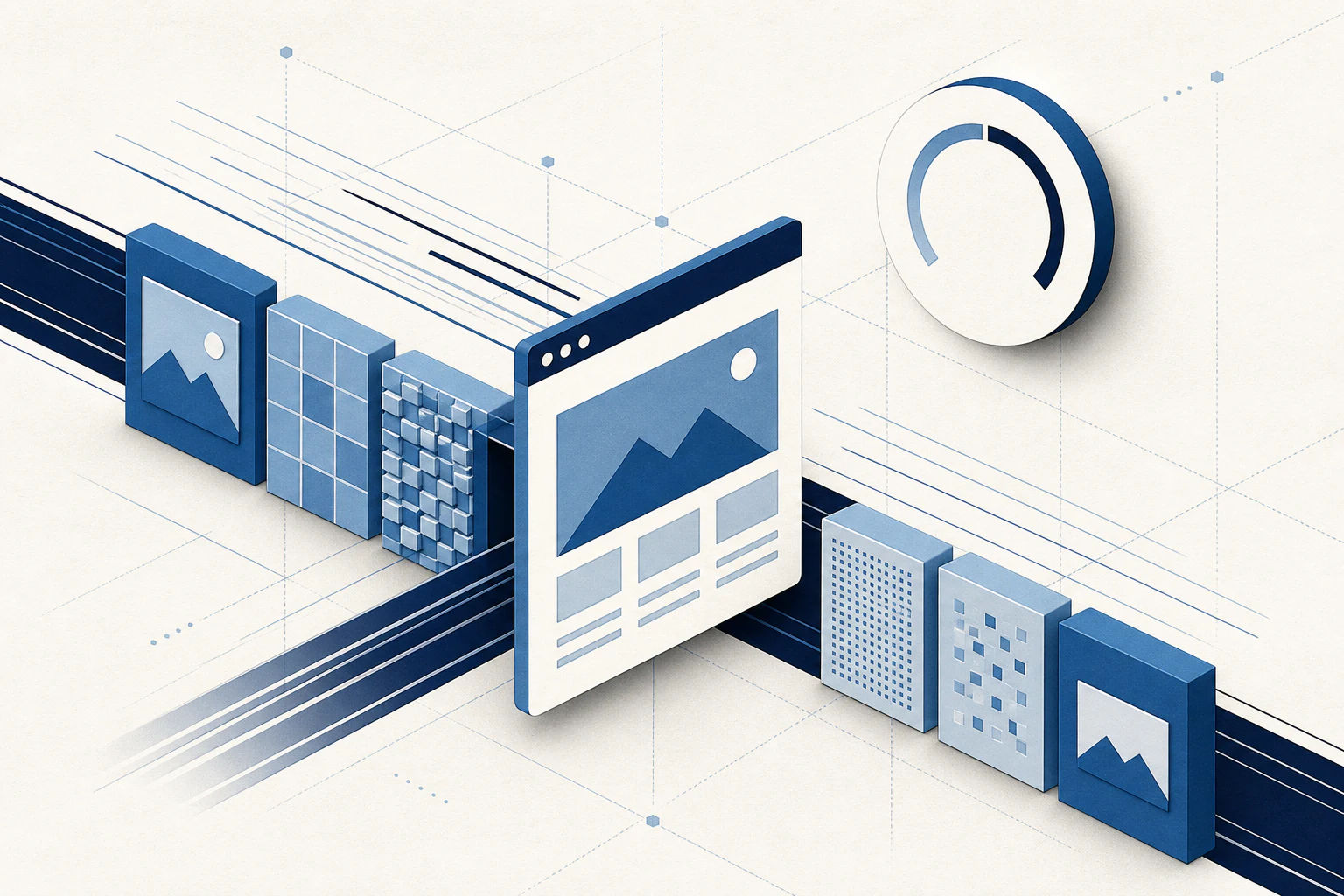 Streamlined website and optimized asset blocks representing fast page performance