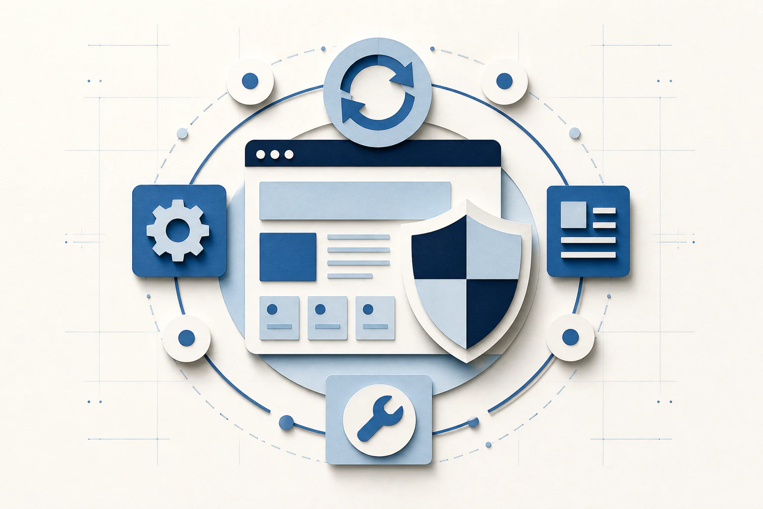 Protected website surrounded by update and maintenance tools