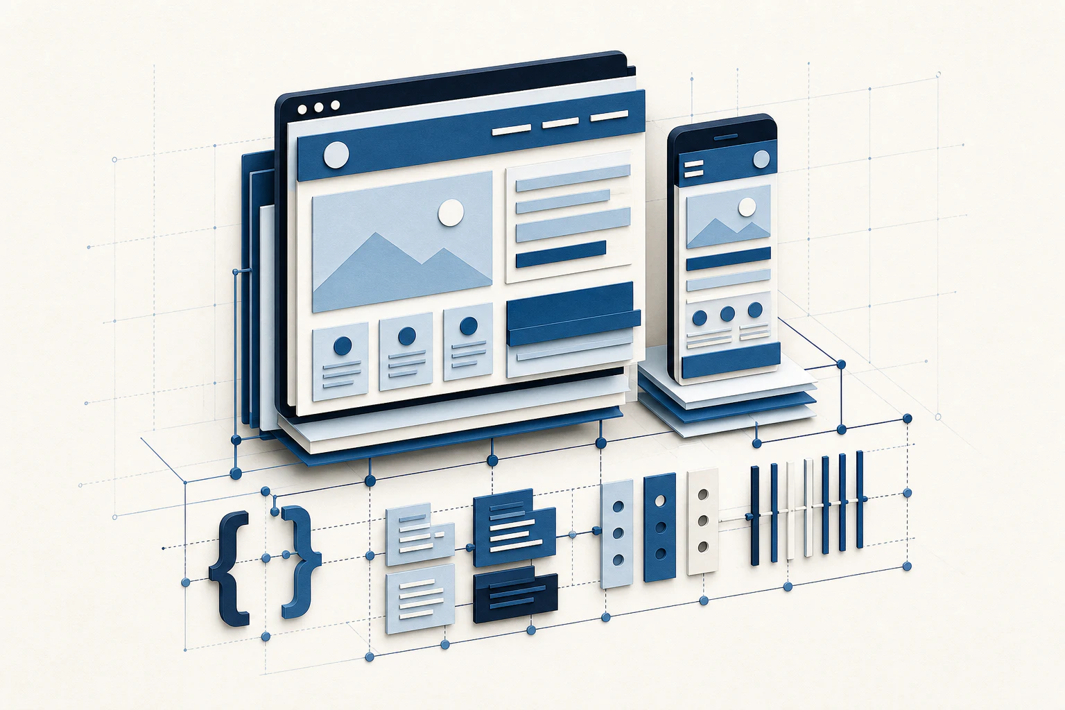 Layered responsive website panels and structural components representing custom development